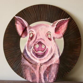 Peinture intitulée "Cochon sur miroir" par Sandrine Demailly, Œuvre d'art originale, Acrylique Monté sur Panneau de bois