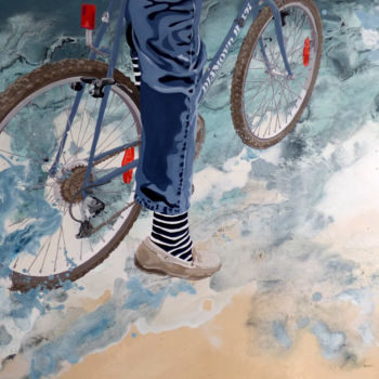 Painting titled ""vélo douanier"" by Sandrine Gergaud, Original Artwork, Acrylic Mounted on Wood Stretcher frame