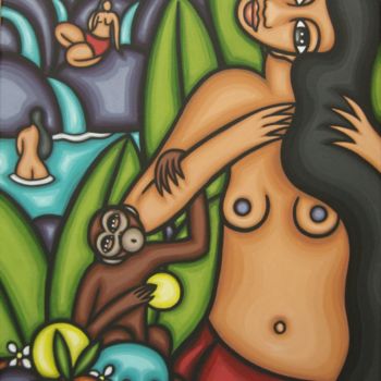 Peinture intitulée "Baigneuses au singe" par Guena, Œuvre d'art originale, Acrylique