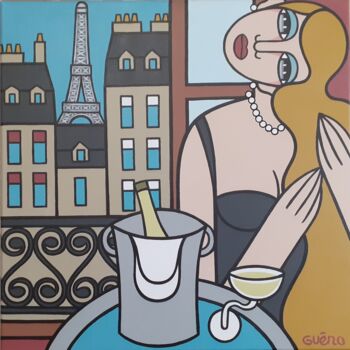 Painting titled "Paris, champagne et…" by Guena, Original Artwork, Acrylic Mounted on Wood Stretcher frame