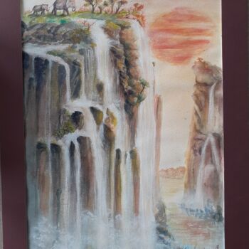 Картина под названием "La cascade aux élép…" - Sandrine Lamotte, Подлинное произведение искусства, Акварель