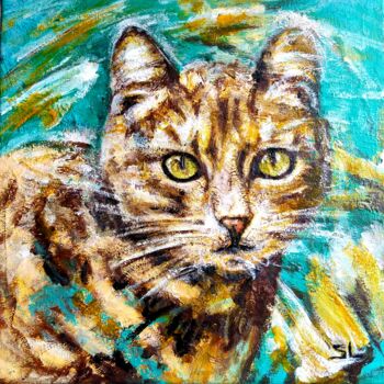 Malerei mit dem Titel "Portrait chat tigré" von Sandrine Lefebvre, Original-Kunstwerk, Acryl Auf Keilrahmen aus Holz montiert