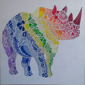 Painting titled "Rhinocéros" by Sandrine Loiseau, Original Artwork, Acrylic