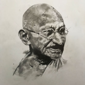 Drawing titled "Gandhi" by Sandrine Royer, Original Artwork, Graphite Mounted on Glass