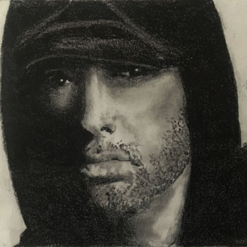 Zeichnungen mit dem Titel "Eminem" von Sandrine Royer, Original-Kunstwerk, Graphit Auf Glas montiert