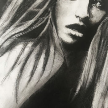 Drawing titled "Portrait n°3" by Sandrine Royer, Original Artwork, Charcoal Mounted on Glass