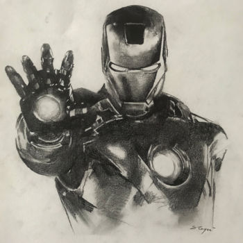 Drawing titled "Iron man" by Sandrine Royer, Original Artwork, Graphite Mounted on Glass