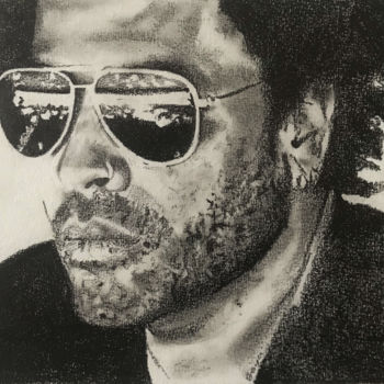 Drawing titled "Lenny Kravitz" by Sandrine Royer, Original Artwork, Pencil Mounted on Glass
