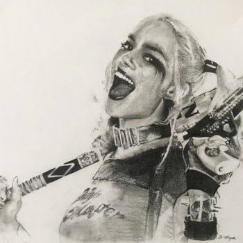Dessin intitulée "Harley Quinn" par Sandrine Royer, Œuvre d'art originale, Graphite Monté sur Verre