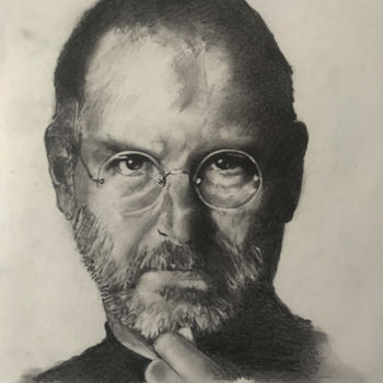 Drawing titled "Steve Jobs" by Sandrine Royer, Original Artwork, Graphite Mounted on Glass