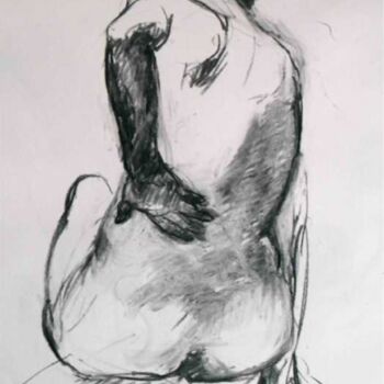 Drawing titled "Nu dos au gant" by Sandrine Wely, Original Artwork, Charcoal