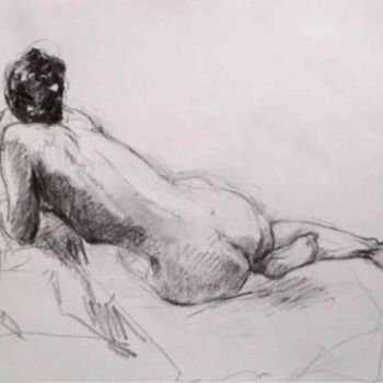 Drawing titled "Dos féminin couché" by Sandrine Wely, Original Artwork, Charcoal