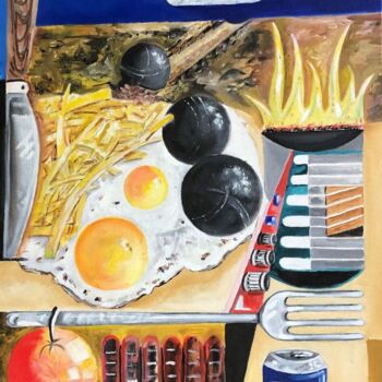 Painting titled "Barbecue" by Sandro, Original Artwork, Oil Mounted on Wood Stretcher frame
