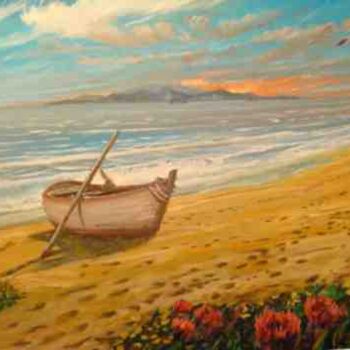 Pittura intitolato "barca sulla spiaggi…" da Sandro Mulinacci, Opera d'arte originale