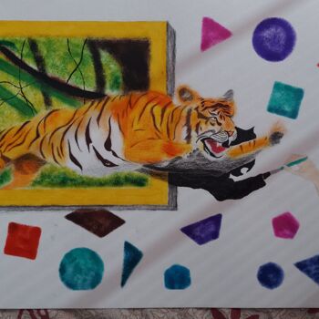 Schilderij getiteld "Tiger Jumping from…" door Sangram Bubun, Origineel Kunstwerk, Pastel