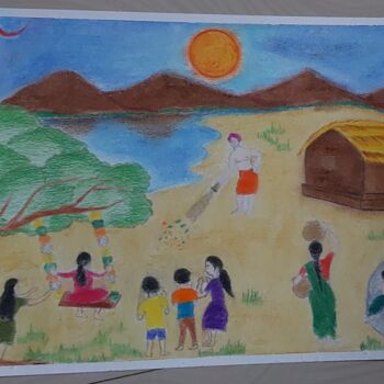 Dessin intitulée "Indian Village and…" par Sangram Bubun, Œuvre d'art originale, Huile