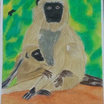 Painting titled "Sangram's Monkey un…" by Sangram Bubun, Original Artwork, Pastel Mounted on Wood Stretcher frame