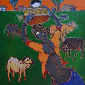 Malerei mit dem Titel "Milkmaid" von Santanu Nandan Dinda, Original-Kunstwerk, Acryl