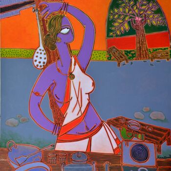 Malerei mit dem Titel "At the tea Stall" von Santanu Nandan Dinda, Original-Kunstwerk, Acryl