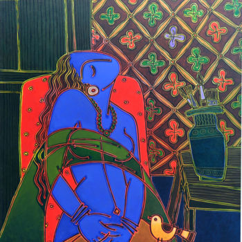 Malerei mit dem Titel "Lady on a red chair" von Santanu Nandan Dinda, Original-Kunstwerk
