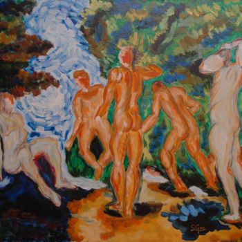 Malerei mit dem Titel "7-los-banistas-ceza…" von Santi Goñi, Original-Kunstwerk, Öl