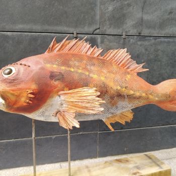 Sculpture intitulée "Goat fish redfish" par Santiago Bataneiro, Œuvre d'art originale, Bois
