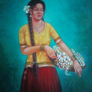 Peinture intitulée "Woman With Flower" par Santosh Dangare, Œuvre d'art originale, Huile