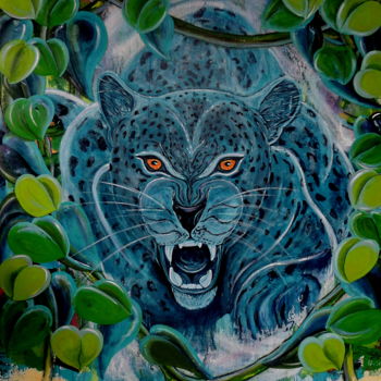 Painting titled "L'esprit Jaguar" by Gregory Jomain (Sapo), Original Artwork, Acrylic Mounted on Wood Stretcher frame