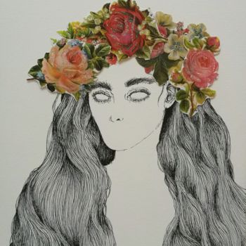 Dessin intitulée "Flower girl" par Saara Tompuri, Œuvre d'art originale, Encre