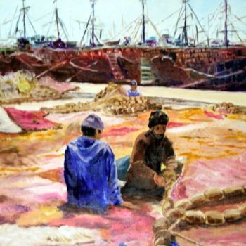 Peinture intitulée "pecheurs-a-essaouira" par Sara Elena Besson, Œuvre d'art originale, Huile