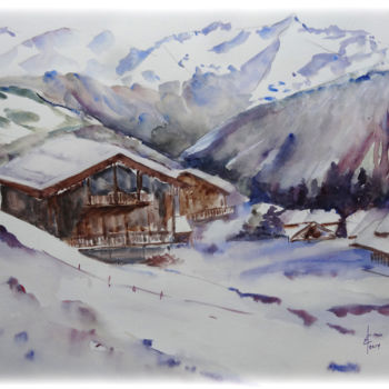Painting titled "chalets-alpes" by Sara Elena Besson, Original Artwork, Watercolor