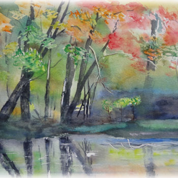 Pintura intitulada "etang-octobre" por Sara Elena Besson, Obras de arte originais, Aquarela