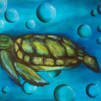 Painting titled "The Green Turtle" by Sara Marcus, Original Artwork, Acrylic