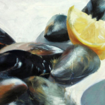 Painting titled "Mussels and lemons" by Sarah Spence, Original Artwork, Oil