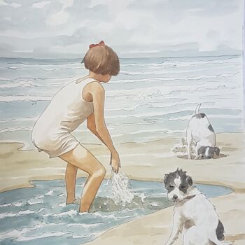 Pintura titulada "The beach" por Sarah Borg, Obra de arte original, Acuarela