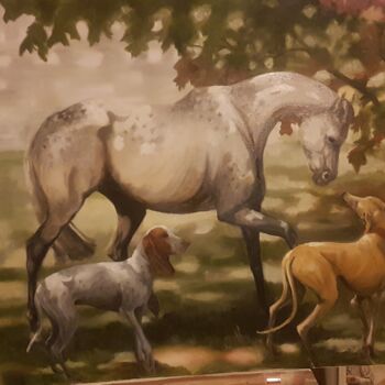 「Horse and hounds」というタイトルの絵画 Sarah Borgによって, オリジナルのアートワーク, オイル ウッドストレッチャーフレームにマウント