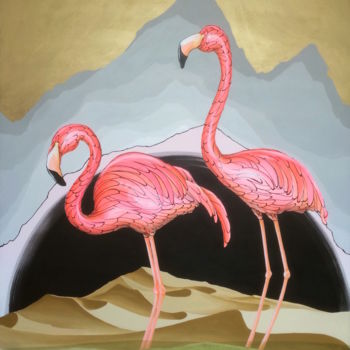「Flamingos」というタイトルの絵画 Sarah Edwardsによって, オリジナルのアートワーク, アクリル