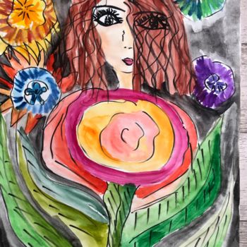 Malerei mit dem Titel "The girl with flowe…" von Sarah Potache, Original-Kunstwerk, Aquarell