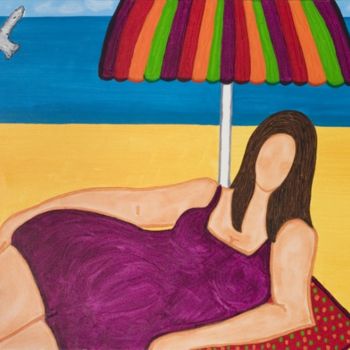 Картина под названием "Gorda com guarda-sol" - Sara Vieira, Подлинное произведение искусства, Масло
