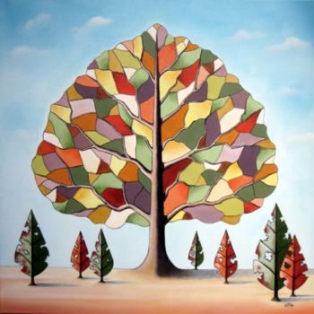 Pintura intitulada "L' arbre et les 7 f…" por Sarian, Obras de arte originais, Óleo