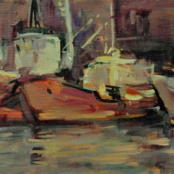 Schilderij getiteld "Night in the Port" door Sarmite Caune, Origineel Kunstwerk