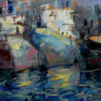 Painting titled "Fishing- boats in t…" by Sarmite Caune, Original Artwork