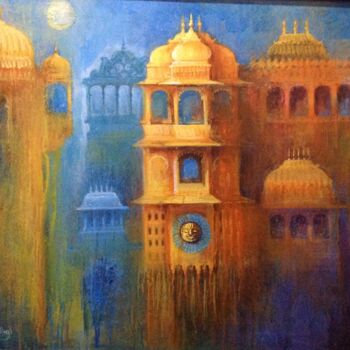 Painting titled "Monsoon at Udaipur" by Sarnjit Singh, Original Artwork, Acrylic