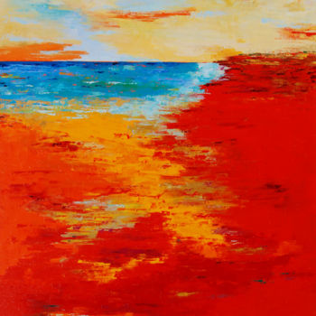 Painting titled "1244-40F Red Beach" by Saroja, Original Artwork, Oil Mounted on Wood Stretcher frame
