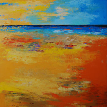 Schilderij getiteld "Yellow Beach III (r…" door Saroja, Origineel Kunstwerk, Olie Gemonteerd op Frame voor houten brancard