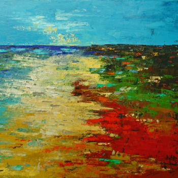 Painting titled "Blue Sky Beach (120…" by Saroja, Original Artwork, Oil Mounted on Wood Stretcher frame