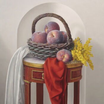 Painting titled "Le panier de pêches" by Reza Sarrafi, Original Artwork, Oil