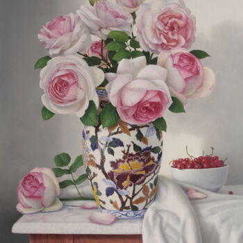 Painting titled "Le bouquet de roses…" by Reza Sarrafi, Original Artwork, Oil Mounted on Wood Stretcher frame