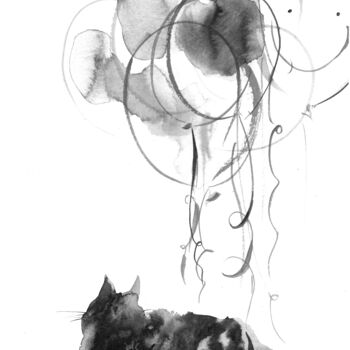 Dessin intitulée "balloons and paws" par Sasha Kashanskaya, Œuvre d'art originale, Encre