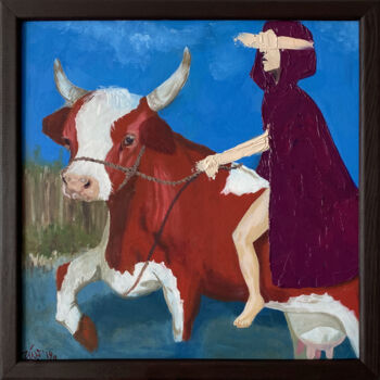 Painting titled "Bathing the red cow…" by Sasha Snegir, Original Artwork, Oil Mounted on Cardboard